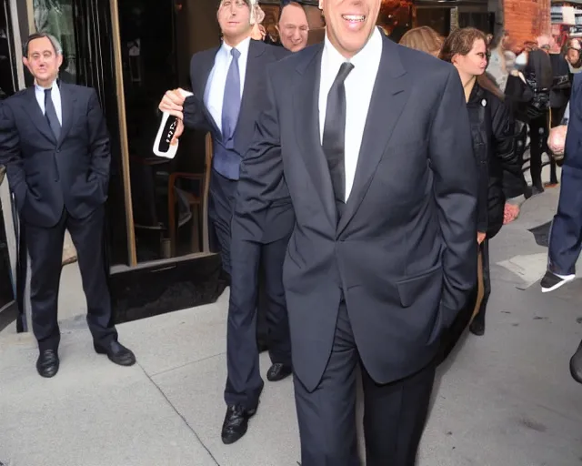 Image similar to Jerry Seinfeld in a suit raging outside of a Starbucks, paparazzi, TMZ, leaked photo, candid shot