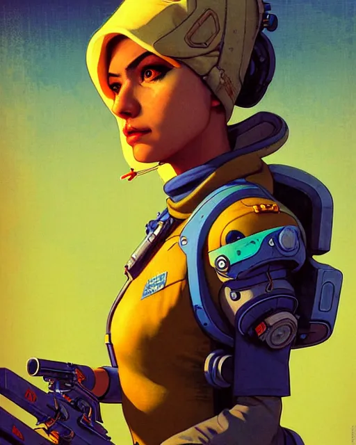 Image similar to ana from overwatch, character portrait, portrait, close up, concept art, intricate details, highly detailed, vintage sci - fi poster, in the style of chris foss, rodger dean, moebius, michael whelan, and gustave dore