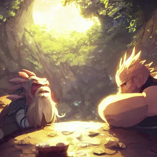 Image similar to a dwarf and a dragon drinking a beer together | gapmoe kuudere moody lighting stunning bokeh highlights sharp contrast | trending pixiv fanbox | by greg rutkowski makoto shinkai takashi takeuchi studio ghibli