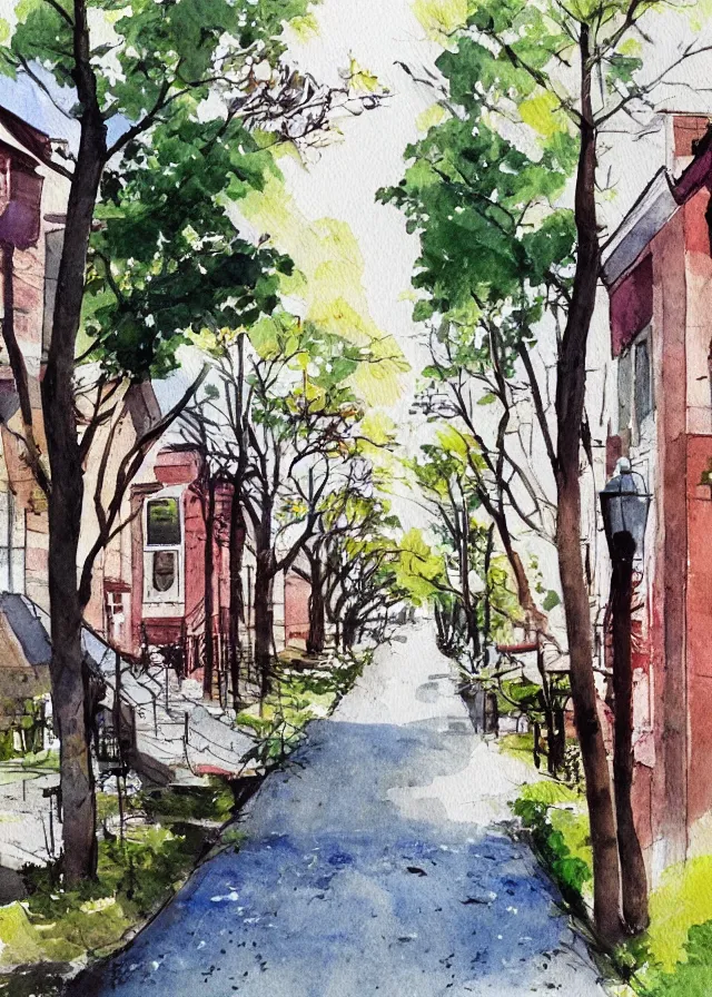 Image similar to street lined with old residential houses summer watercolor by arti chauhan trending on artstation