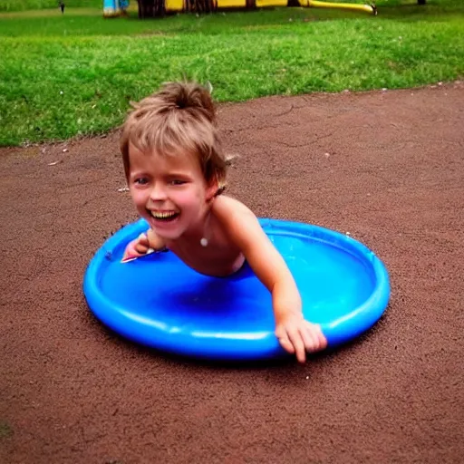 Image similar to kid sliding down chocolate pudding head first, slip n slide, photo taken at the park