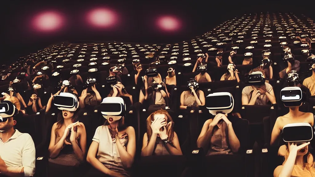 Image similar to people in a busy dark movie theatre, all of themare wearing vr headsets with art direction by salvador dali, wide lens