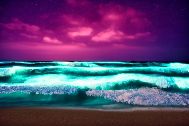 Prompt: bioluminescent waves, beach, night, landscape, relax atmosphere, magic atmosphere, photo realistic