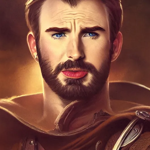 Image similar to half length portrait of chris evans as a swashbuckler, d & d, medieval, fantasy, greg rutkowski, frank frazetta, alexandre chaudret, boris vallejo, michael whelan, miro petrov, hr giger