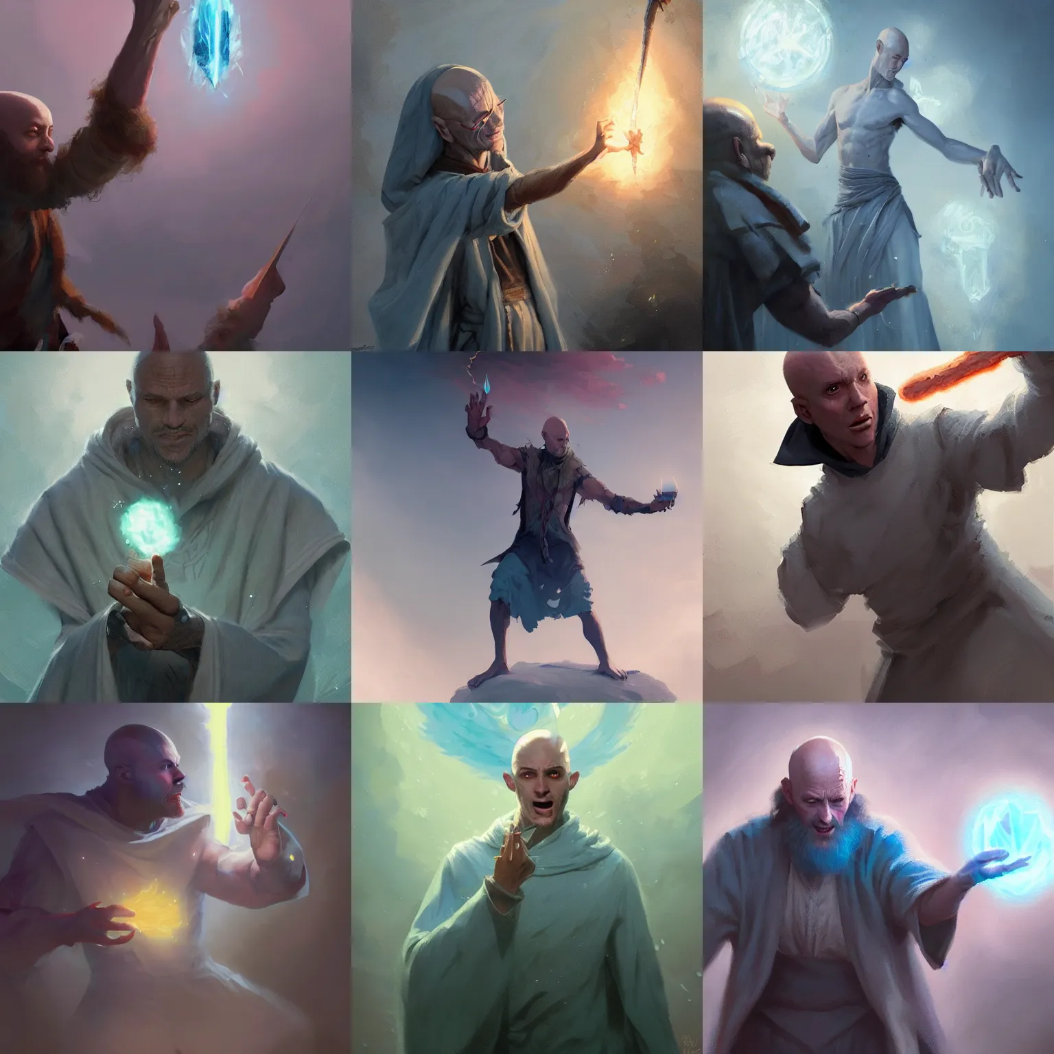 Prompt: a young bald blue skinned wizard casting a powerful spell, painted by Greg Rutkowski, trending on ArtStation