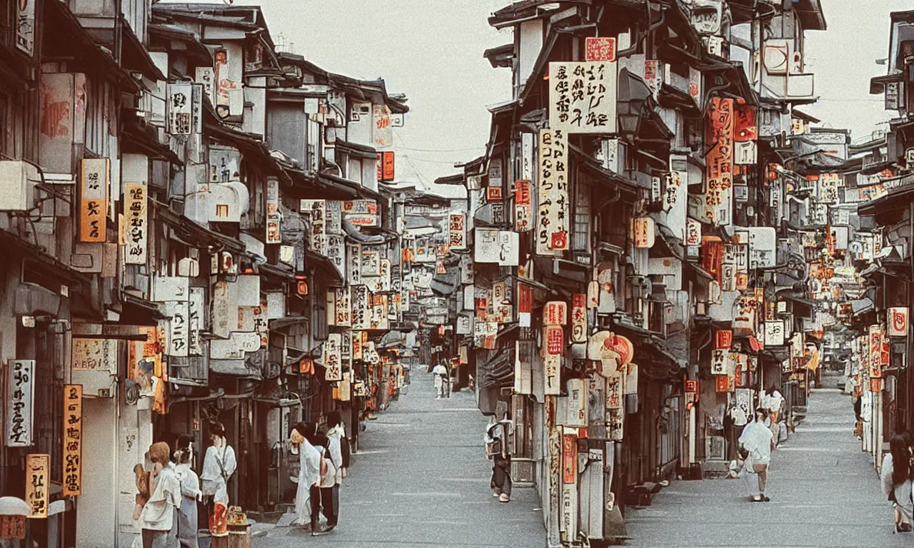 Image similar to A film still from a 1990s Ghibili movie of a dreamy cute street in Kyoto Japan, by Studio Ghibili