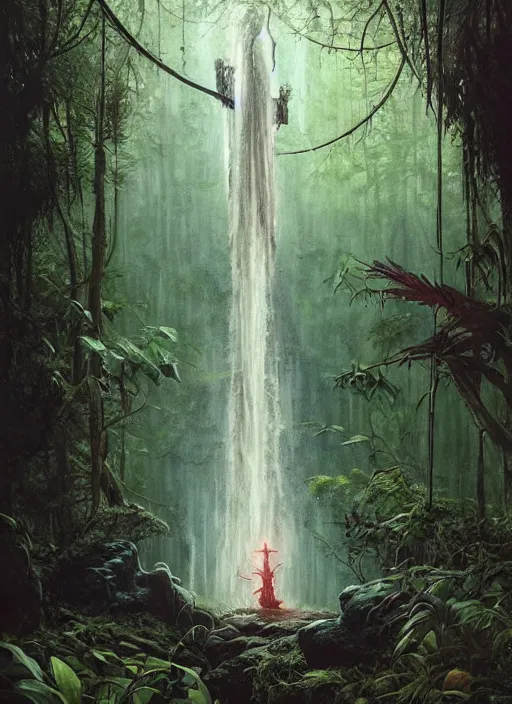 Image similar to a hyper realistic architectural witch shrine under a waterfall in the woods, gorgeous lighting, lush forest foliage, painting by chiara bautista and tom bagshaw, muca beksinski and norman rockwell and greg rutkowski weta studio, and lucasfilm