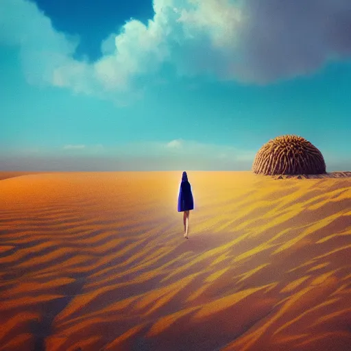 Image similar to portrait, giant dahlia flower head, girl walking between dunes, surreal photography, sunrise, blue sky, dramatic light, impressionist painting, digital painting, artstation, simon stalenhag