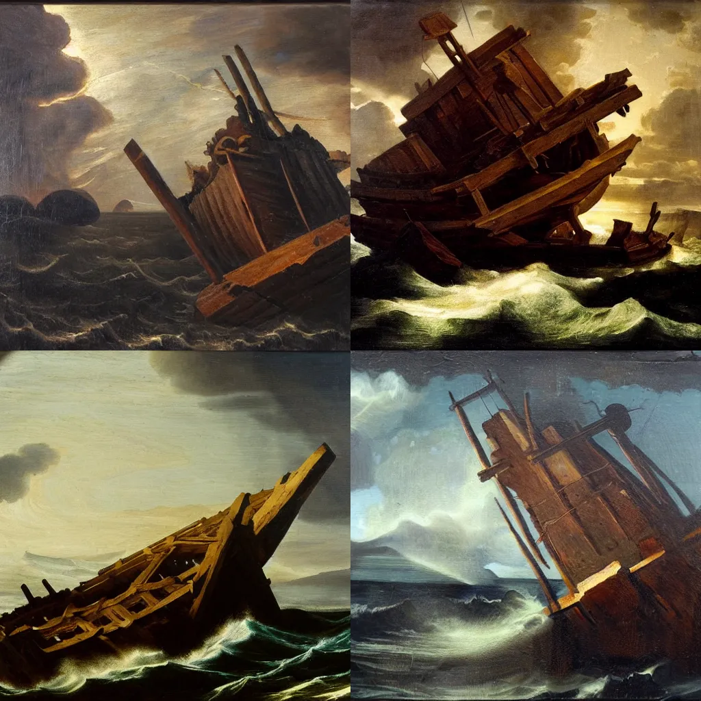 Prompt: a wooden shipwreck is surfacing at sea, oil on canvas, chiaroscuro, dramatic illumination