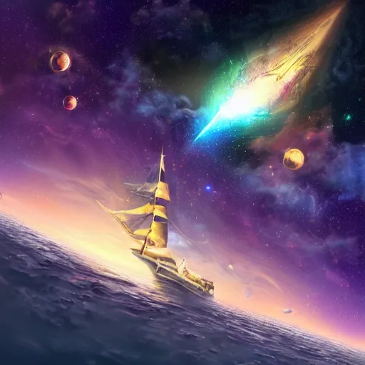 Image similar to fantasy world on top of a ship sailing in space