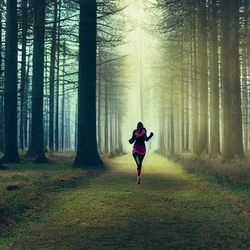 Prompt: a woman running, forest light, romanticism art style