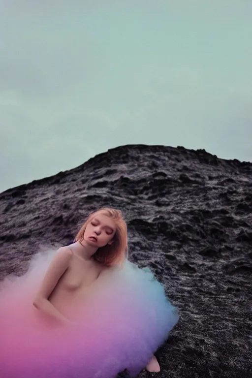 Image similar to high quality pastel coloured film close up wide angle photograph of a model wearing clothing resting on cloud furniture in a icelandic black rock!! environment in a partially haze filled dreamstate world. three point light, rainbow. photographic production. art directed. pastel colours. volumetric clouds. pastel gradient overlay. waves glitch artefacts. extreme facial clarity. 8 k. filmic.