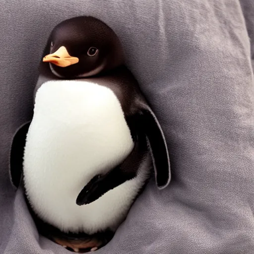 Image similar to baby penguin cuddling in a cosy bed