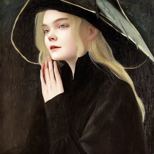 Prompt: Elle Fanning in a black coat, religious masterpiece portrait, oil on canvas, dark stormy night, fire lighting, rainy window, in the world of Andrew Wyeth and Bloodborne, artstation, by J. C. Leyendecker and Peter Paul Rubens,