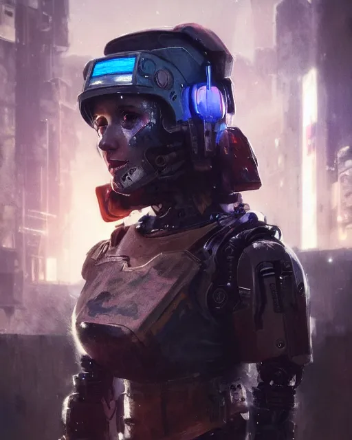 Image similar to maya hawke as cyberpunk armored gunman, scifi character portrait by greg rutkowski, esuthio, craig mullins, 1 / 4 headshot, cinematic lighting, dystopian scifi gear, gloomy, profile picture, mechanical, half robot, implants, steampunk