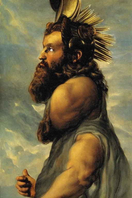 Image similar to goya oil painting thor god of thunder portrait, huge beard, winged helmet