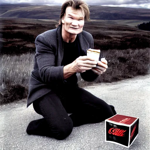 Prompt: patrick swayze eating! a cola cube, in scotland, high quality photograph,