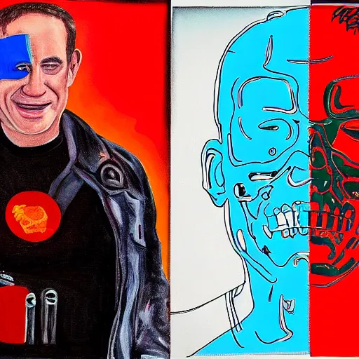 Image similar to a portrait of the terminator smiling as benjamin netanyahu, positive colors, warm