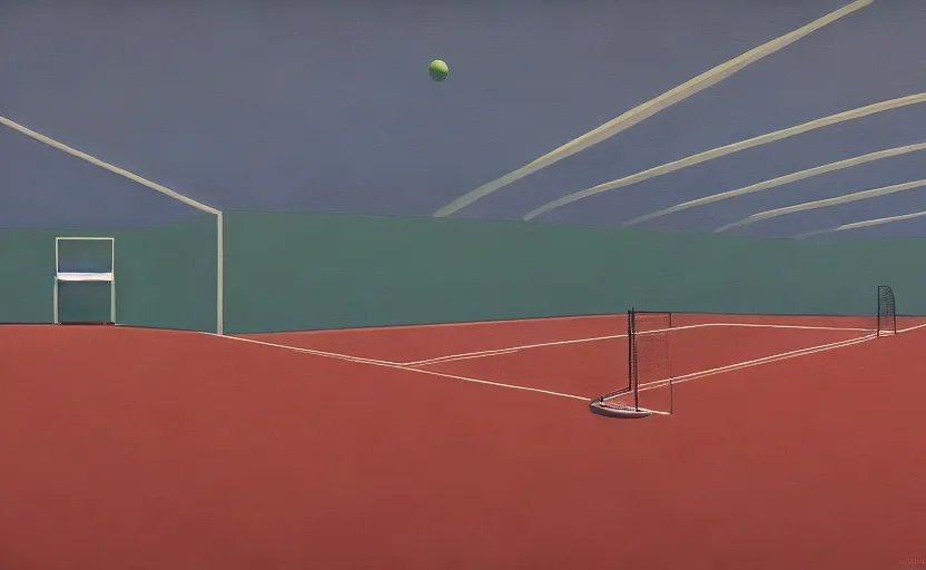 Image similar to Inside an empty tennis court, very coherent, painted by Edward Hopper, Wayne Barlowe, painted by James Gilleard, airbrush, art by JamesJean