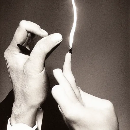 Prompt: one man lights a cigarette from the second man's lighter by Irving Penn