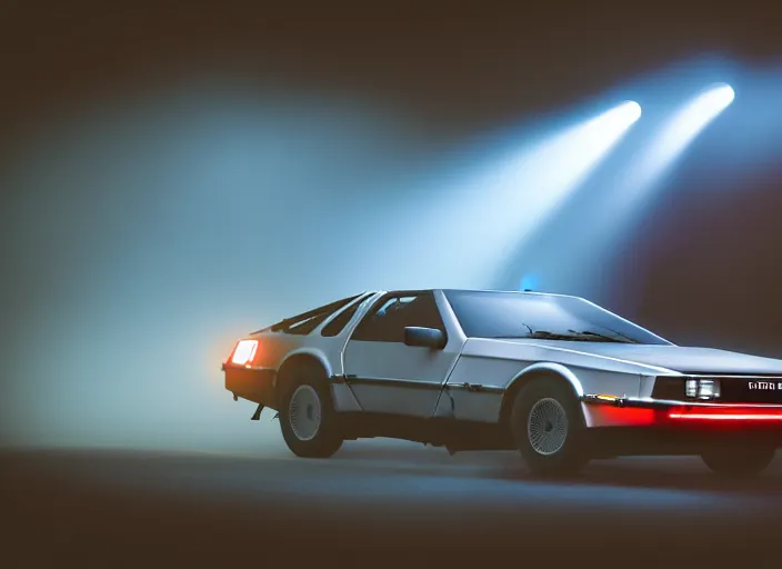 Prompt: a delorean dmc-12 in the mist, blue and red light, backlit