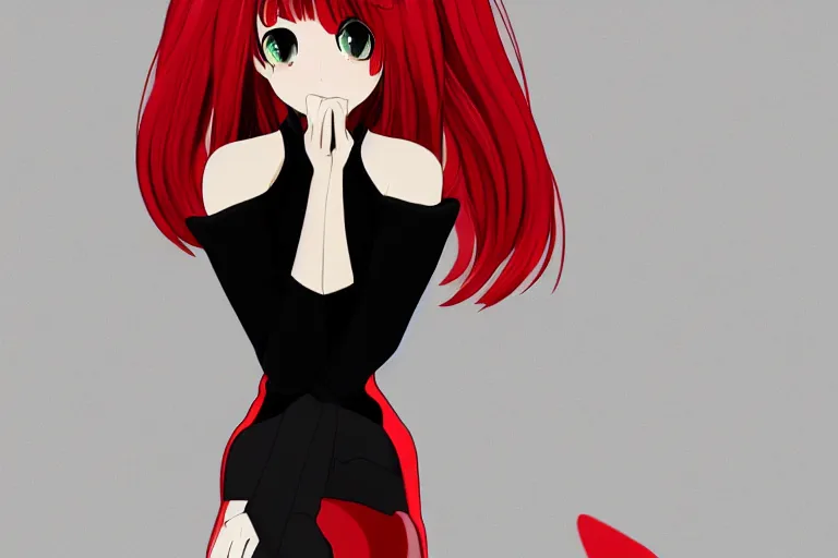 Image similar to a girl sitting vertically, wearing a black outfit with red trim, white background, soft shadow, vector shaded anime, very anime, detailed colors, digital art, 4 k