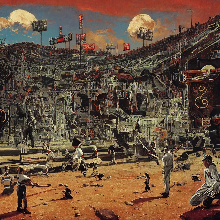 Prompt: a baseball field with ancient monoliths with glowing runes. highly detailed science fiction painting by daniel romanovsky, norman rockwell, syd mead. rich colors, high contrast, gloomy atmosphere, dark background.