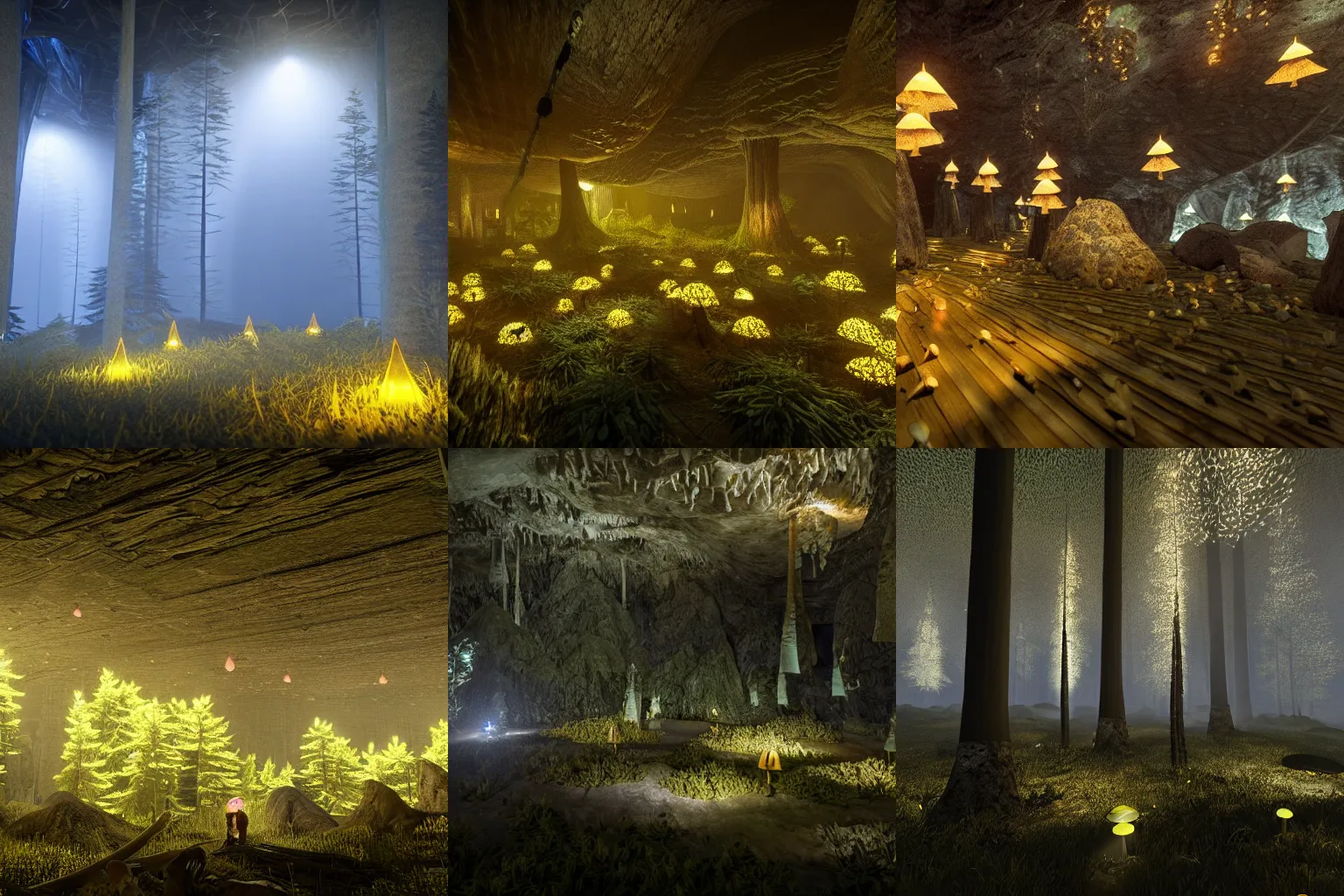 Prompt: A forest at night with hundreds of pine trees, all growing inside an enormous, dark cavern, cavern ceiling is visible. Tiny yellow glowing mushrooms hanging from the ceiling provide dim, glowing light. Unreal engine, photorealistic.