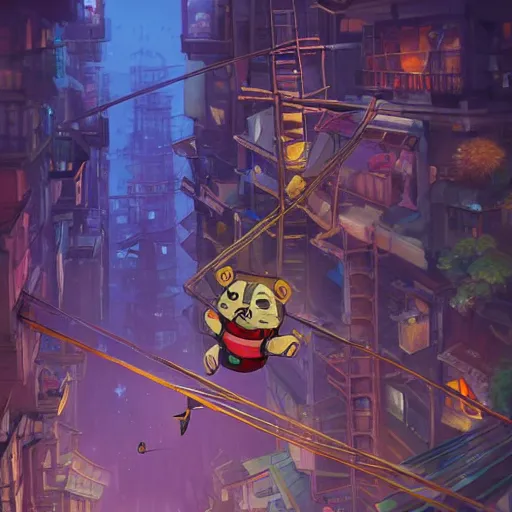 Prompt: adorable tanuki rogue ziplining through a crowded upsidedown city, nighttime, cinematic, ultra detailed, d & d, colorful, hyperrealistic, trending on artstation, studio ghibli, dynamic, vibrant lighting, oil painting, japanese architecture, little nightmares