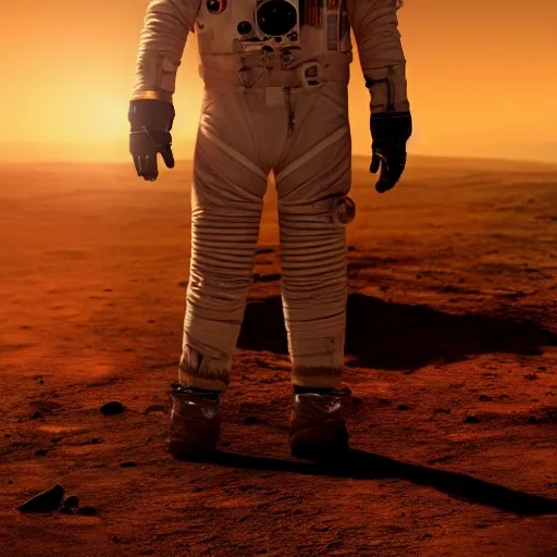 Image similar to elon musk standing on the surface on mars in a spacesuit, dramatic lighting, cinematic, wide shot, 4 k, hd, sharpdetails