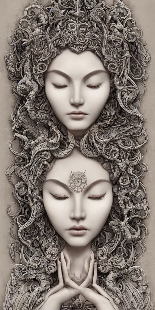 Prompt: a sculpture of mythical creatures, elegant and beautiful female face with her third eye open, carved in a stone alter, intricate, elegant, highly detailed, digital painting by audrey kawasaki, artstation, concept art, ambient occlusion, smoke, foggy vray render,