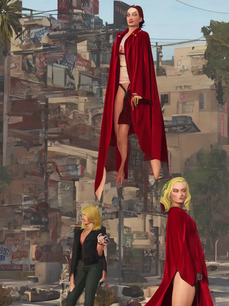 Image similar to Medium shot of a typical character in the styl margot robbie a red velvet cape and OG Kush Sativa flower calyx trichome crown edward julius as a character in gta v, amazing detail