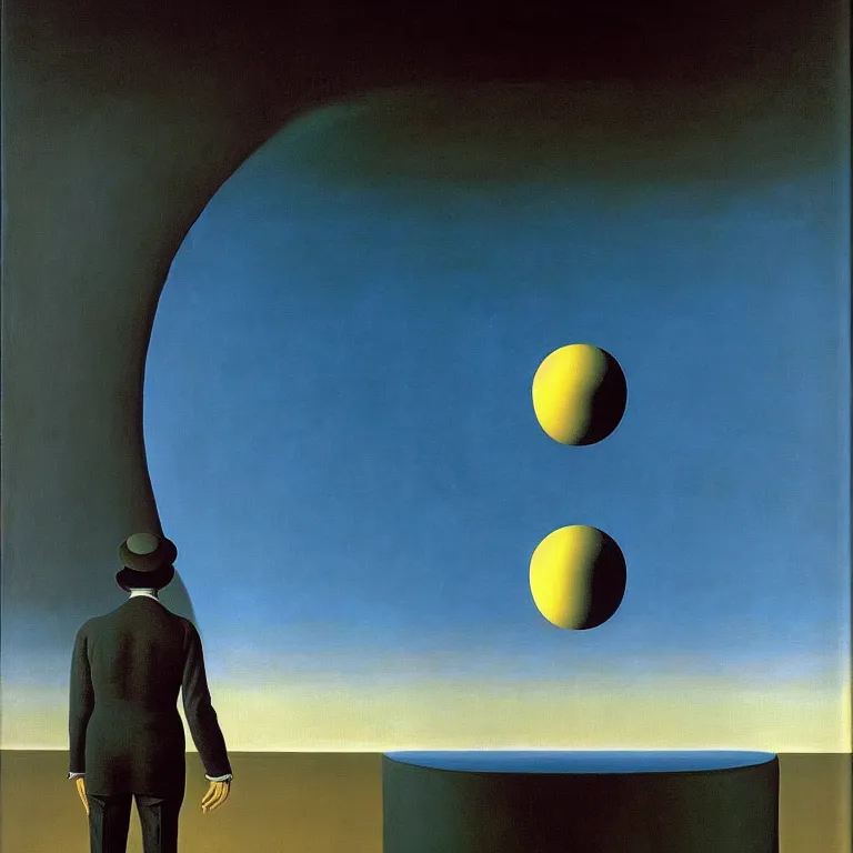 Image similar to a man looks into his own painting and sees a black hole, by rene magritte and salvador dali, surreal, oil on canvas, hyper detailed