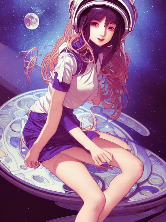 Image similar to full body picture of a space girl sitting in the moon cafe, bored, coveted, beautiful and aesthetic, intricate, unreal engine, messy hair, highly detailed, detailed face, smooth, sharp focus, chiaroscuro, manga illustration, artgerm, greg rutkowski, ilya kuvshinov, rossdraws, alphonse mucha, young adult light novel cover art