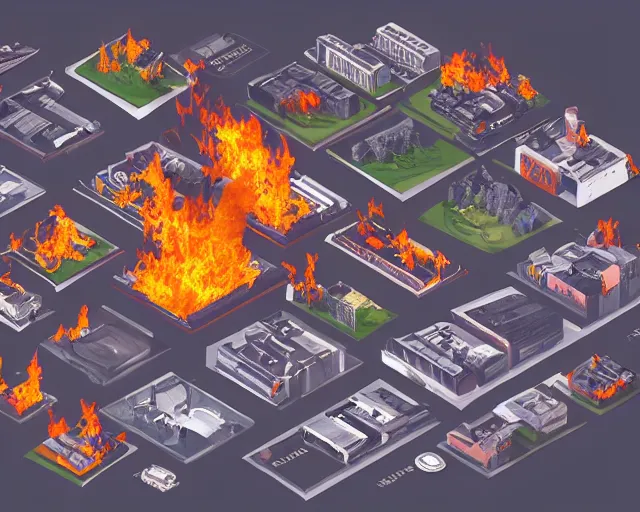 Prompt: 3 d art of london on fire, isometric, fire and smoke, air shot