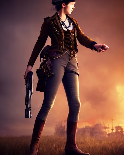 Image similar to Young girl in steampunk clothes, she wears boots and holds a gun, full body shot, sharp focus, photography, very detailed, dark hair, octane render, by greg rutkowski, by nikon, by Iphone, 4k