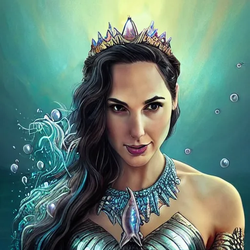 Image similar to “ gal gadot portrait, fantasy, mermaid, hyperrealistic, game character, underwater,, highly detailed, cinematic lighting, pearls, glowing hair, shells, gills, crown, water, highlights, starfish, goddess, jewelry, realistic, digital art, pastel, magic, fiction, ocean, queen, colorful hair, sparkly eyes, fish, heroic, waves, bubbles ”