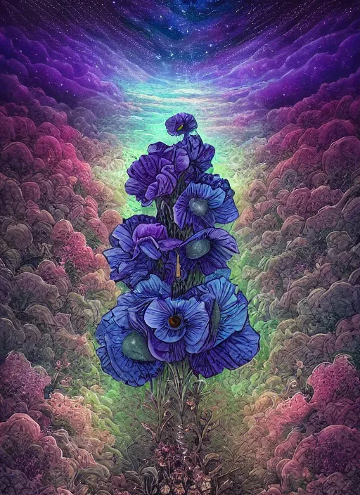 Image similar to detailed, intricate blue black and purple papaverum flower on the field, nebula, galaxy in the sky, winning award masterpiece, fantastically beautiful, illustration, aestheticly inspired dan mumford, upscale with anguissola sofonisba work, artstation, 8 k