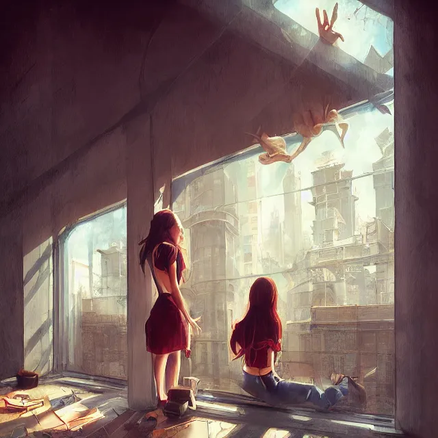 Image similar to window, eye, women, buildings, surprise, scared, couch by wlop, artgerm, greg rutkowski