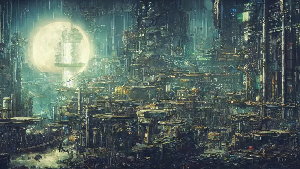 Image similar to a cyberpunk steampunk solarpunk biopunk dieselpunk atompunk steelpunk nanopunk lunarpunk stonepunk formicapunk raypunk nowpunk elfpunk mythpunk city, matte painting