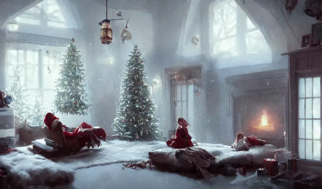 Image similar to a christmas eve photorealistic painting, cozy home, interior, sci - fi, wlop, concept art, octane render, deviantart, greg rutkowski, cinematic, key art, hyperrealism