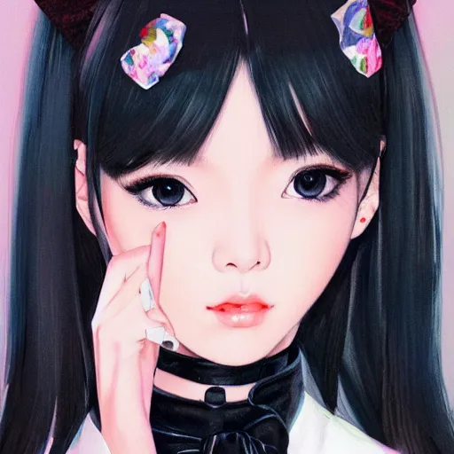 Image similar to realistic detailed semirealism beautiful gorgeous cute Blackpink Lalisa Manoban wearing Japanese school uniform, black hair black cat ears, black leather choker, proportional body, WLOP, Aztodio, Taejune Kim, sakimichan, ArtGerm, Pixiv, Instagram, Artstation