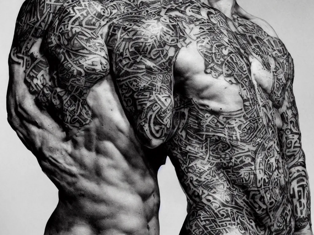 Prompt: front portrait of a muscular torso covered in runic tattoos front view, art by Ruan Jia , Moebious, Craig Mullin, and Nick Knight
