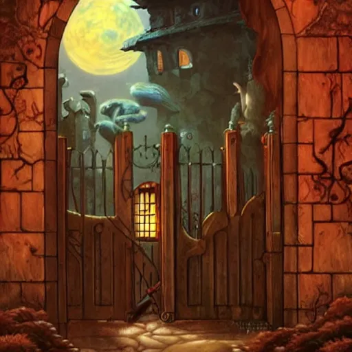 Image similar to gate portal with another world visible inside style studio ghibli and Gerald Brom, pixies flyng, dreamy, mystical, dark, fantasy