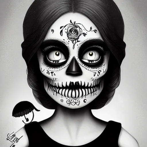 Image similar to Lofi portrait Pixar style by Joe Fenton and Stanley Artgerm, dio de los muertos, Tom Bagshaw and Tim Burton