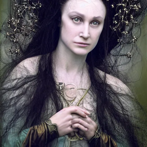 Prompt: a realistic portrait closeup 5 0 mm studio photograph by annie leibowitz of morgan le fay, a powerful and ambiguous enchantress of legend.