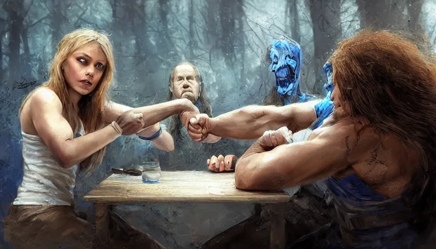 Image similar to arm wrestling between ( vladimir putin ) and ( ( ( a young pretty girl with long hair and blue eyes ) ) ), hyperrealistic, digital concept art, caricature illustration, violent. horror. art by gaston bussiere and greg rutkowski in yelow and blue color