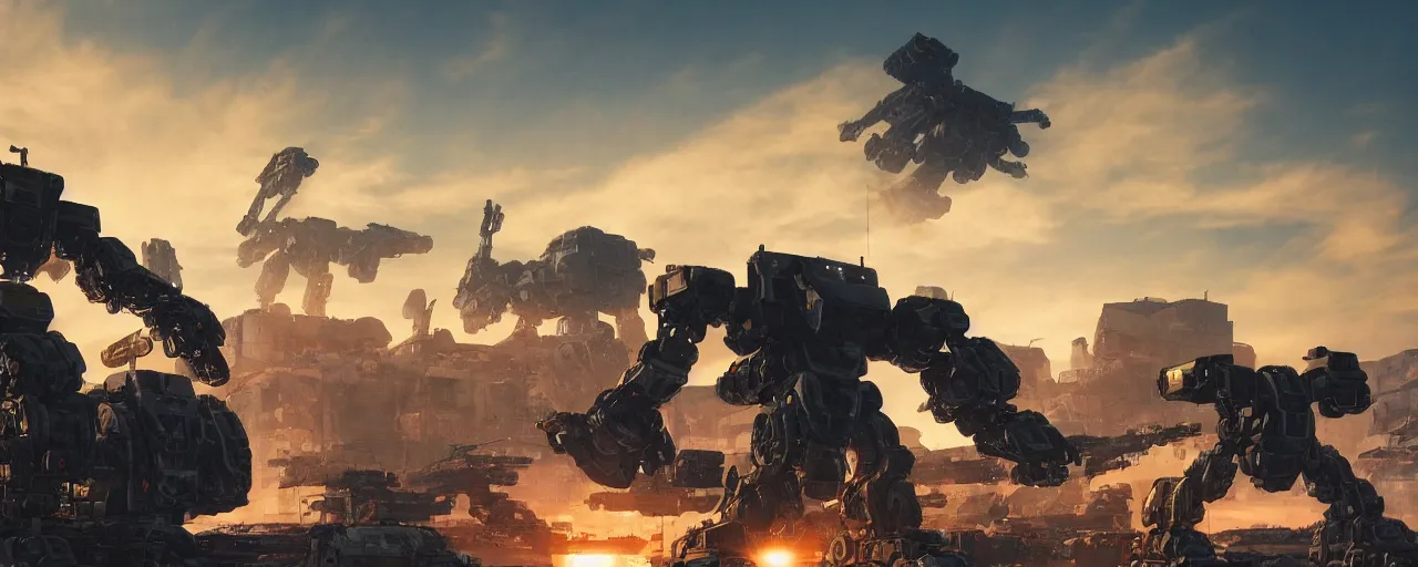 Image similar to A real photo of a giant mechwarrior robot and the sunset in the distance, by Josan Gonzalez, Yoji Shinkawa and Geof Darrow, highly detailed, Unreal Engine Render, 3D, 8k wallpaper