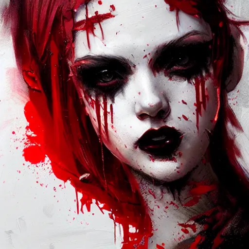 Prompt: goth girl covered in red paint, intricate, art by greg rutkowski, high detailed, 4 k,