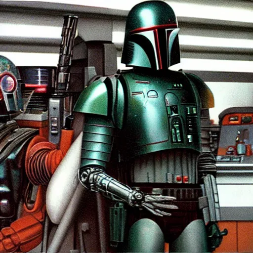 Prompt: ig-88 talking to boba fett in the cantina, artwork by ralph mcquarrie